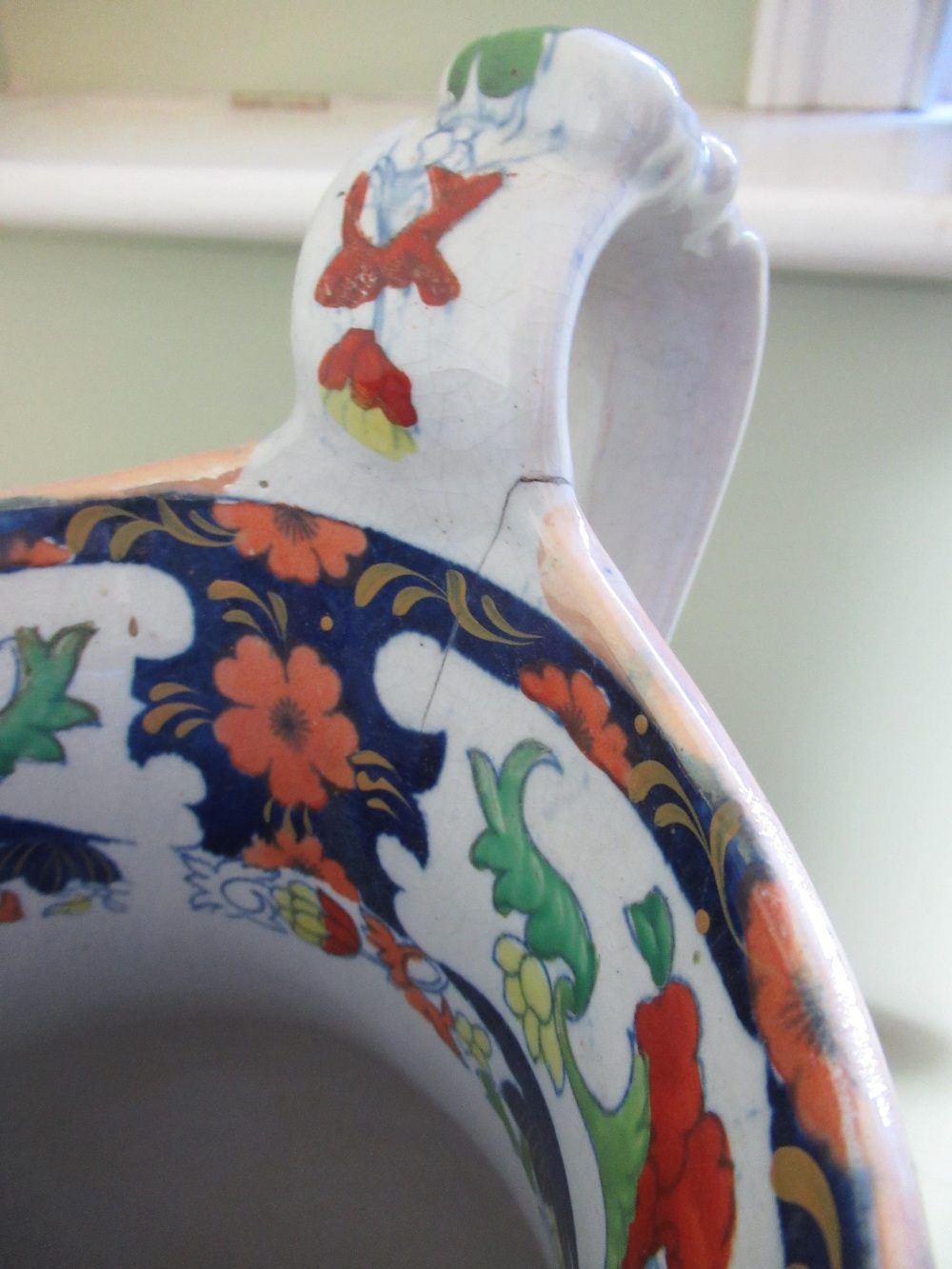 Victorian wash stand water jug, polychrome decorated in Imari style, H38cm and a Majolica style - Image 3 of 3