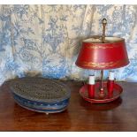 Regency style red toleware oval bouillotte two light candle lamp, W30cm H40cm, and a blue toleware