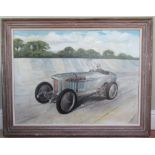 British School (Contemporary): On the Banking at Brooklands, single seater racing car at full speed,