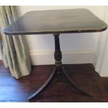 Regency black painted oak tripod table, square top on slender vase turned column support and three