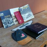 Aston Martin logo metal wall plaque, AMOC baseball cap and keyring, magazines etc (qty)