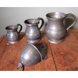 Three Victorian graduated pewter measures, quart to half pint, baluster bodies with scroll