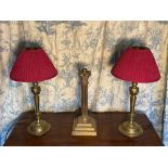 Pair of C20th brass table lamps, tapering columns with lozenge knop on stepped circular bases with