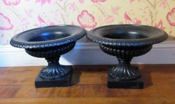 Pair of small black painted cast iron campana shaped urns, on lobed supports and square bases, D39cm