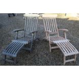 Pair of quality wooden garden reclining loungers with extending foot rests and cushions (2)