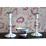 Pair of Staffordshire type enamel candlesticks, decorated with foliage on white ground, fluted