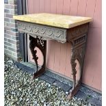 Victorian cast iron pier table in the Geo.III style, ribbon tied frieze on baluster pierced acanthus