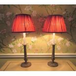 Pair of Recency style cast brass candlestick table lamps, with urn sconces and wrythen cast stems on