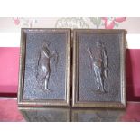 Pair of early C20th French brass rectangular plaques, decorated in relief with Grecian goddesses, in