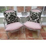 Pair of Vintage grey painted French style open arm chairs, brass nail upholstered in red stripe,