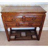 Chinese figured wood rectangular side table, with moulded top and two panel drawers with loop