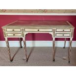 C20th Adam Revival cream painted knee hole dressing table, with inset mirror panel top and five