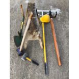 Set of tools related to timber work including log lifter, large aluminium rake, fencing mallet,