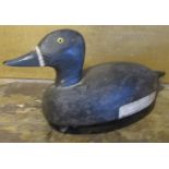 C20th decoy duck, painted black and white plumage and black tipped grey beak, with string