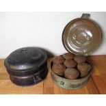 C20th green toleware circular spice box with seven lidded containers, one marked All Spice,