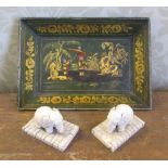 C20th green Chinoiserie decorated rectangular tray, 26cm 17cm and a pair of Victorian carved bone