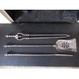 Set of three of Regency polished steel fire irons, the vase shaped handles with mushroom finials,