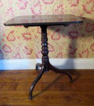 C19th mahogany tripod tea table, reeded rectangular tilt top on vase turned column and three