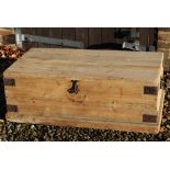 Victorian metal bound pitch pine blanket box with hinged lid on skirted base, W92cm D50cm H34cm