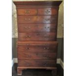 Geo.III mahogany chest on chest, with dentil cornice and blind fret frieze above two short and three