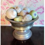 Late C19th turned brass pedestal bowl decorated with floral bands and a collection of marble