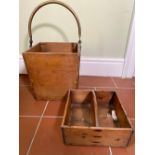 C20th pine cutlery carrier, tapering body with lift-out tray and brass swing handle,