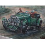 Phil May (British C20th) Aston Martin Ulster CPC 682 racing on a country road, watercolour, signed