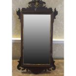 Geo.III style mahogany fret work wall mirror, upright plate with gilt Ho-ho bird pierced cresting,