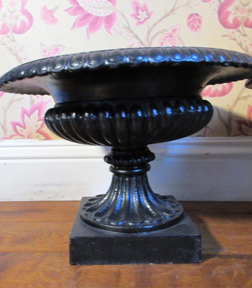 Pair of small black painted cast iron campana shaped urns, on lobed supports and square bases, D39cm - Image 2 of 2
