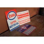 Wall art tin signs for Firestone Tyre and Battery Service, Esso Motor Oil, Fina Oils, all 40cm x