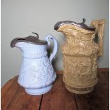 Victorian Ridgway earthenware jug, blue glazed body relief moulded with Hunting and tavern scenes,