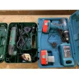 Makita rechargeable drill with spare battery and charger, and a Bosch boxed electric sander,