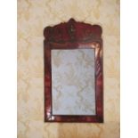 Geo.III style red Chinoiserie decorated wall mirror, upright bevelled plate in moulded frame with