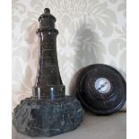 Cornish polished marble model of a lighthouse on unpolished base H20cm, a serpentine polished marble