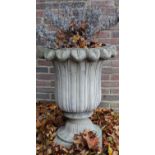 Pair of composite tulip shaped garden urns, on moulded square bases, H70cm (2)