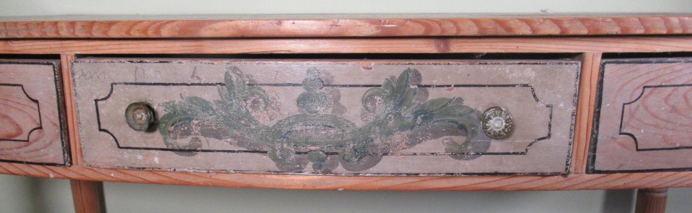 C19th pitch and waxed pine bow front side table, the three frieze drawer drawers painted with - Image 2 of 2