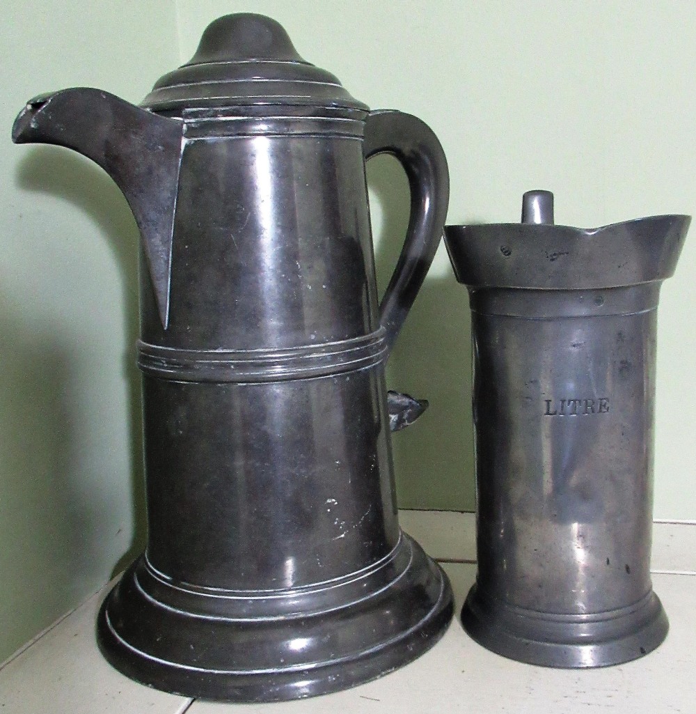 Early C19th French litre measure, with hinged lid stamped BOV, touch marks for Leclerc Lille