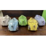 Collection of Sadler and other racing car teapots, various colours with registration plate "