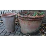 Pair of terracotta garden pots, plain circular tapering form, D59cm H42cm, similar garden pot (A/F),