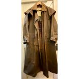 Barbour company Backhouse of New Zealand full length waxed coat with brown suede collar and storm