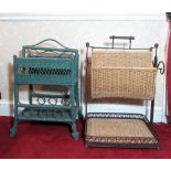 C20th painted wicker two tier magazine rack, two divisions and shaped handle, W51cm D30 H75cm, and a