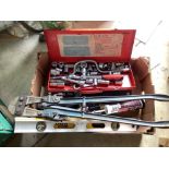 Selection of tools including part and mixed socket set, record bolt cutters, spirit levels, saws,