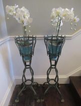 Pair of C20th French wrought metal openwork jardinière, on four outsplayed supports with paw feet