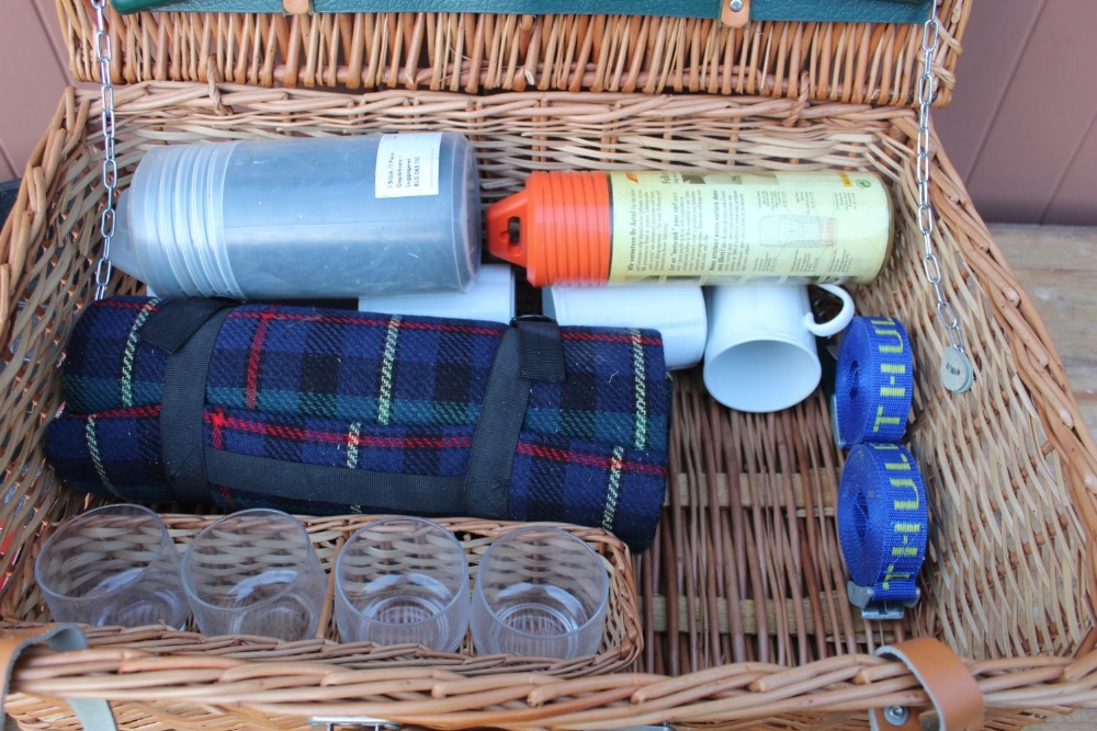 Marks & Spencer wicker picnic hamper for four including glasses, mugs (3), cutlery etc, tartan - Image 2 of 2