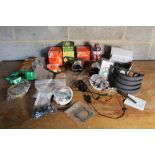 Collection of car part for various cars, including chrome rear lights, Lucas bulbs, oil filters,