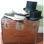 Vintage leather trimmed canvas travel trunk decorated with cruise labels, the front labelled "Lady