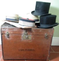 Vintage leather trimmed canvas travel trunk decorated with cruise labels, the front labelled "Lady