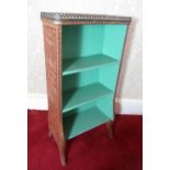 Small Regency style gilt tooled leather covered bookcase, brass galleried mirror top with three