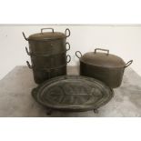 Vintage metal three-tier steamer saucepan, H45cm, a similar fish kettle and a pewter heated meat