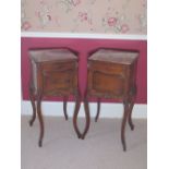 Pair of C20th walnut bedside cabinets, with inset rouge marble tops above single drawer and marble